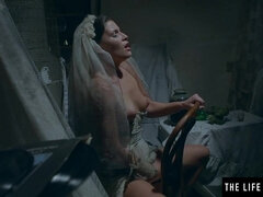 Pulling up her tattered wedding dress and rubbing her wet pussy - Masturbation