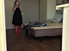 Neighbor watching chubby MILF. Someone elses curvy wife in the bedroom behind the window. Did he jerk off while doing it? Voyeu