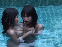 First time Asian lesbians finger bang and eat pussy by the pool