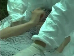 사정 샷, 얼굴에, 갱뱅, 일본인, 야외의, 젖가슴