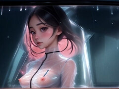 Cute Topless Japanese Girls Under the Rain