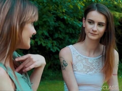 Skinny european lesbian girl fucks with girlfriend in the park
