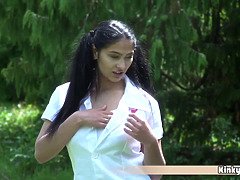 Gipsy teen nurse Ava Black with big natural boobs is a cock addict slut so one day she seduces and fucks her old patient in the garden First she lets 