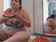 BBW in food fetish - Watermelon stuffing & shower - Big tits and fat ass