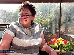 Enormous breasts honey with big belly plays with big sex toy - mature porn