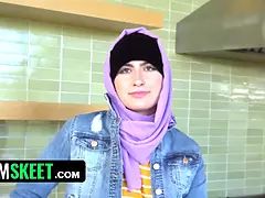 Arab tramp with hijab jacks for her boyfriend and then gets on her knees & guzzles his manhood