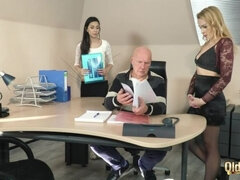 Old manager at the office fucks his two beautiful assistants tight pussy