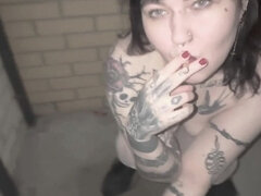 Outdoor Topless Smoking with Redlips and White Nylons