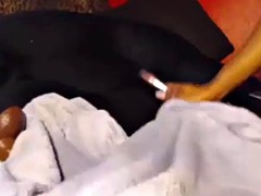 black slut puts toy in ass and vibrator on clit