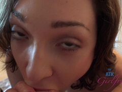 Lily stands over you to flash her hairy pussy, then strips