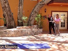 Melissa Monet and Keisha Grey take turns getting doggystyled in yoga class