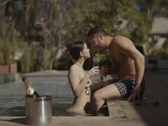Romantic sex by the pool made the brunette bombshell cum