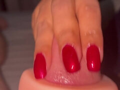 Deep red nails handjob with fake pussy