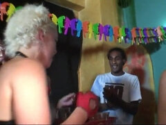 Mature party girls give blowjobs & take it up the ass in dormitory party