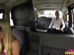 Blonde MILF tourist gets her big tits out for a ride in a fake taxi