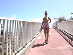 Flashing euro mom Lada - Short skirt wind outdoors - Spanish beach