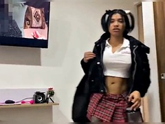 My stepsister comes with a super short skirt and wants to suck my cock while my stepmom is outside the room