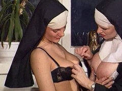 Secret Vices of Lustful Nuns Palpating and Caressing Oiled Tits for Sinful Sex