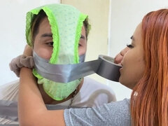 Lazy Bound Step-brother Effectively Gagged and Hooded with Step-sister's Dirty Panties!