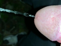 Slowmotion and Close up. Unwashed Uncut Cock Piss on the Ground Outdoor. Long Piss Stream