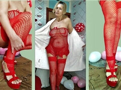 Sexy Lukerya in Red Between Heart-shaped Balloons for Valentine's Day Flirts with Fans in Red High-heeled Shoes on Webcam