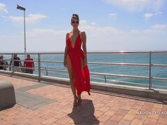 Naughty exhibitionist MILF - Red Dress on Public Beach