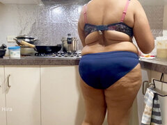 Beautiful Indian wife teases in lingerie while cooking