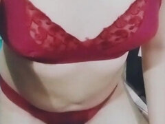 Indian Gay Crossdresser Gaurisissy in Red Bra Panty Honeymoon Set Getting Fucked