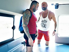 Tattooed hunky top fisting smeared asshole while duo in the van