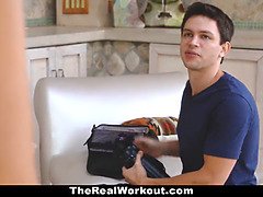 Nina North, the yoga instructor, fucks her video nerd in the living room