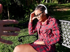 Short haired ebony in glasses gets fucked in the park