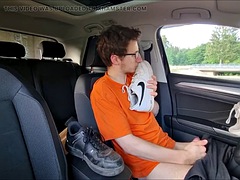 Played with shoes and his dick in the car