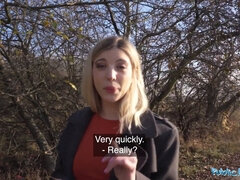 Blonde hottie gets caught peeing in the woods & pays for big cock in public agent reality