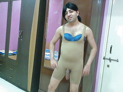 Sweet sissy crossdresser Sweet Lollipop in a Nude shapewear with open Dick.