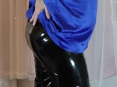 Hot crossdresser in satin blouse and pvc leggings