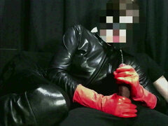 Smoking wife red rubber gloves handjob cumshot