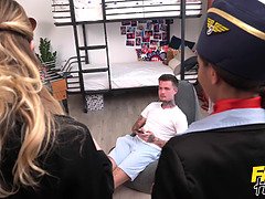 Huge Danish cock sucked by three air hostesses