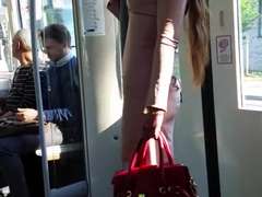 girl in mini leather dress public voyeur &extreme high heels