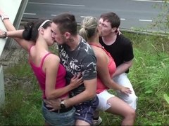 Two teenage couple make a real public gangbang orgy