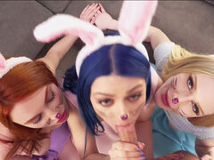 Sexy bunnies Emma Starletto, Jewelz Blu and Lacy Lennon share step cousin's cock
