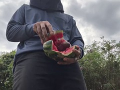 Thai Worker Cum With Watermelon