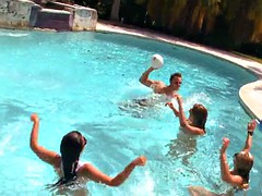 exotic chick abella anderson swimming with a guy in the pool and showing her boobs