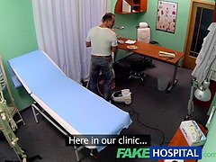 Kinky nurse in uniform can't resist cleaning a patient's room with her pussylicking skills