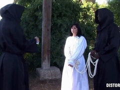 Sister Agnes's kinky BDSM threesome punishment - shaved small tits slave whipped outdoors