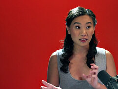 Tiny Asian babe playing with a vibrator after casting