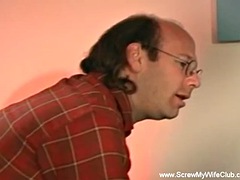 Nerdy husband watches his swinger wife have anal sex