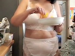 Mommy in the kitchen in hairy pussy lingerie