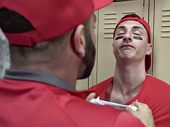 Locker room stud assfucked by the coach after sucking