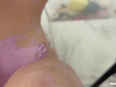 Today tall Ryder Rey and curly-haired Zerella Skies are filming a painting video, and things quickly get messy as these overall-clad babes start putti