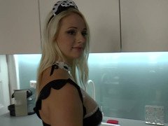 Hot blonde maid is getting male orgasm on her big tits here